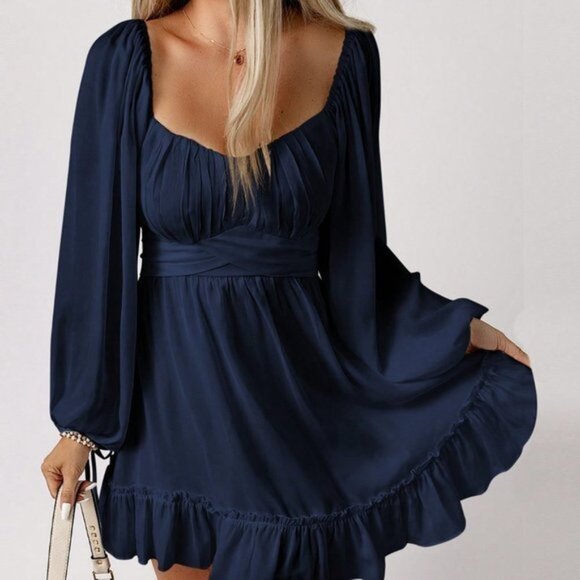 Navy Blue Casual Womens Sweetheart Neck Lantern Sleeve Ruched Bust Ruffle He… - Picture 1 of 5